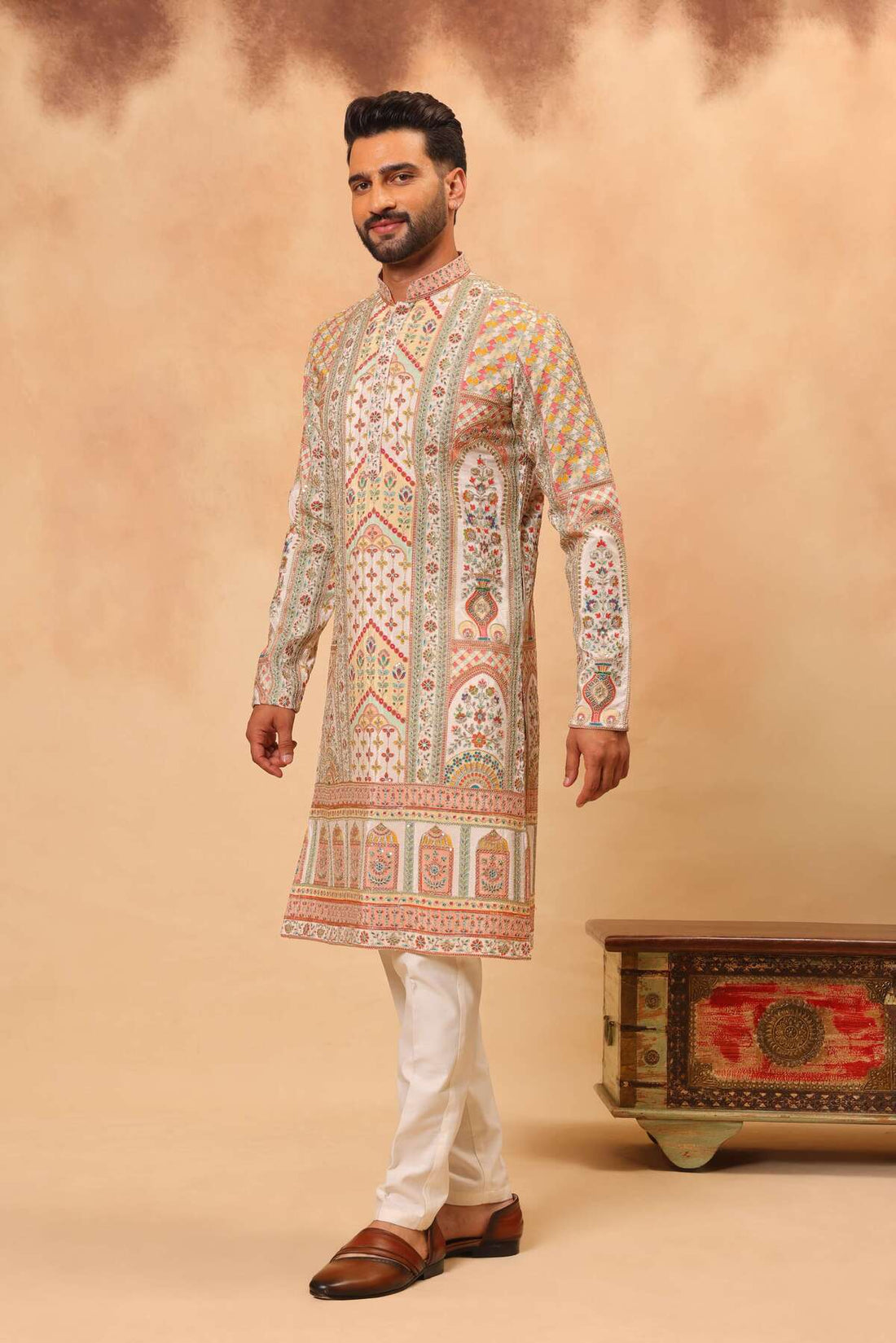 Cream Chinon Embroidered Kurta Set for Men