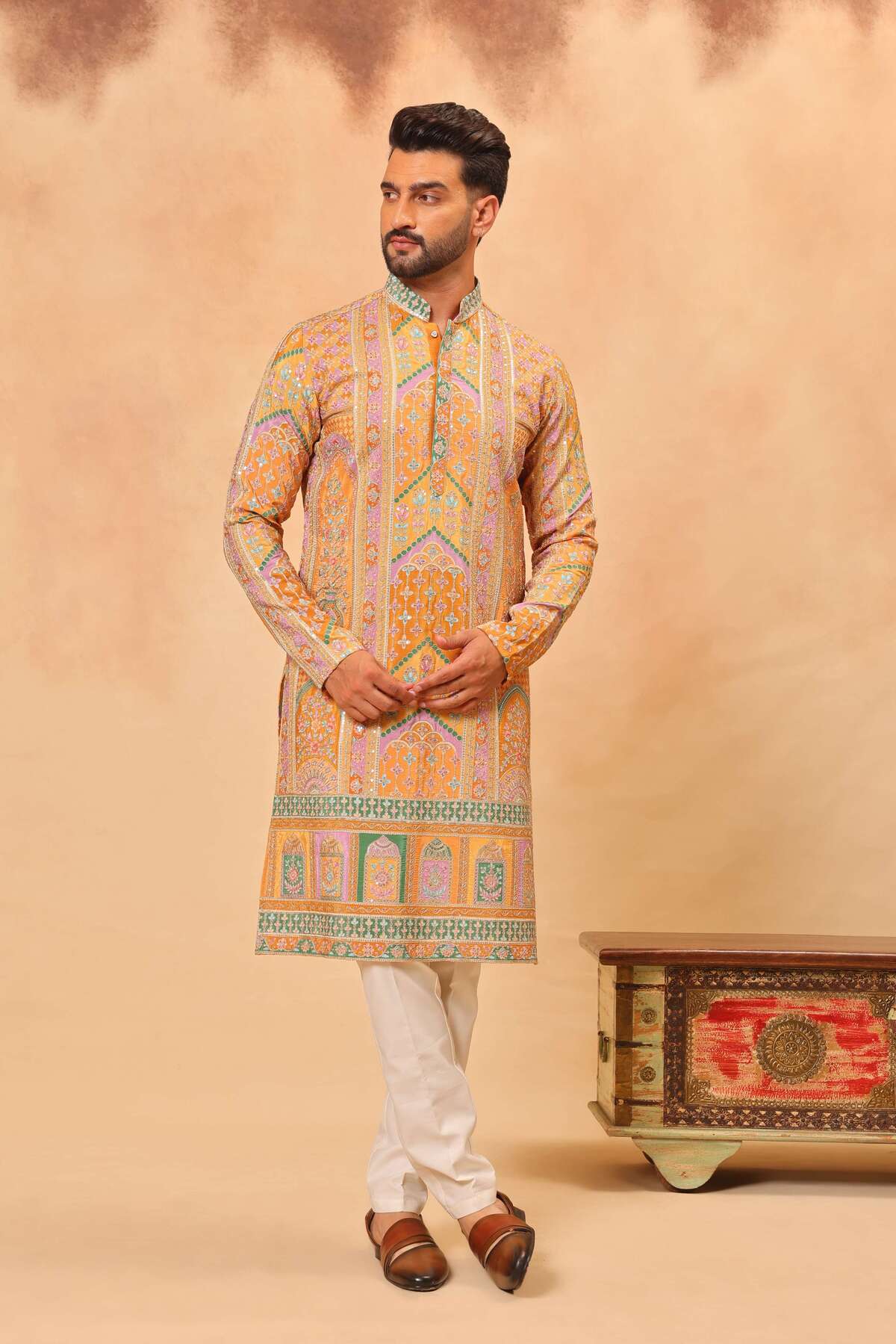 Haldi Yellow Chinon Embroidered Kurta Set for Men