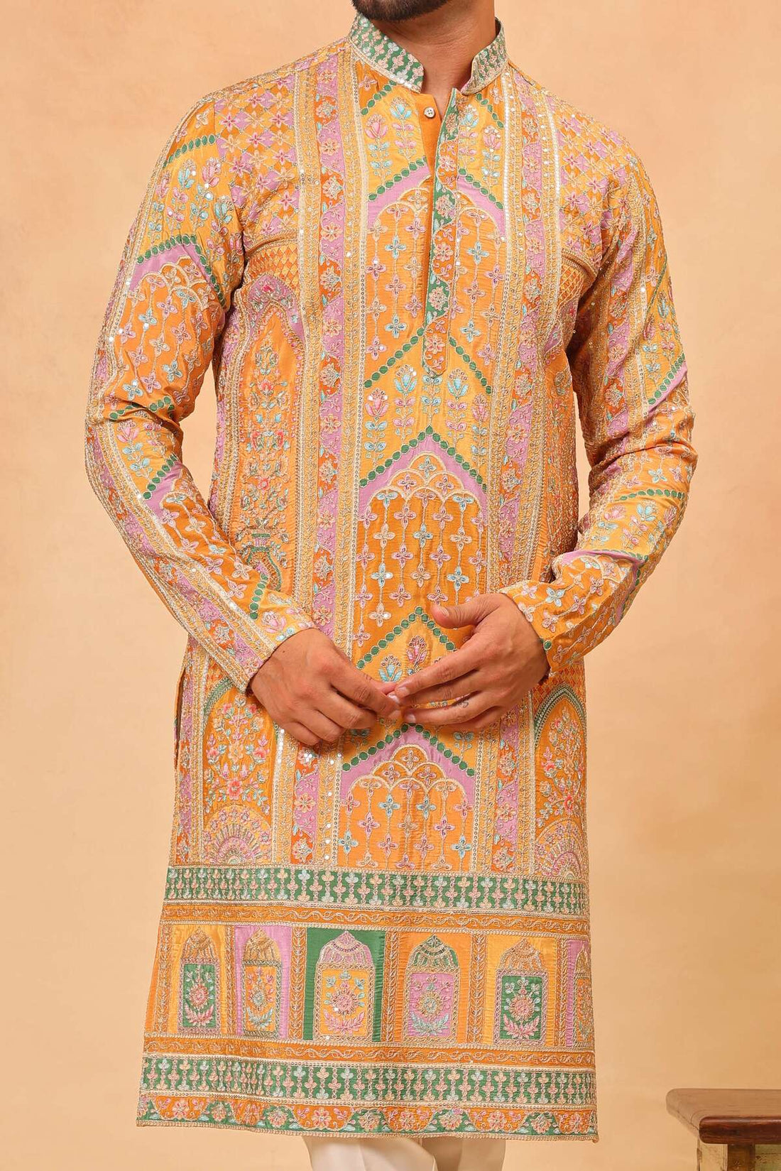 Haldi Yellow Chinon Embroidered Kurta Set for Men