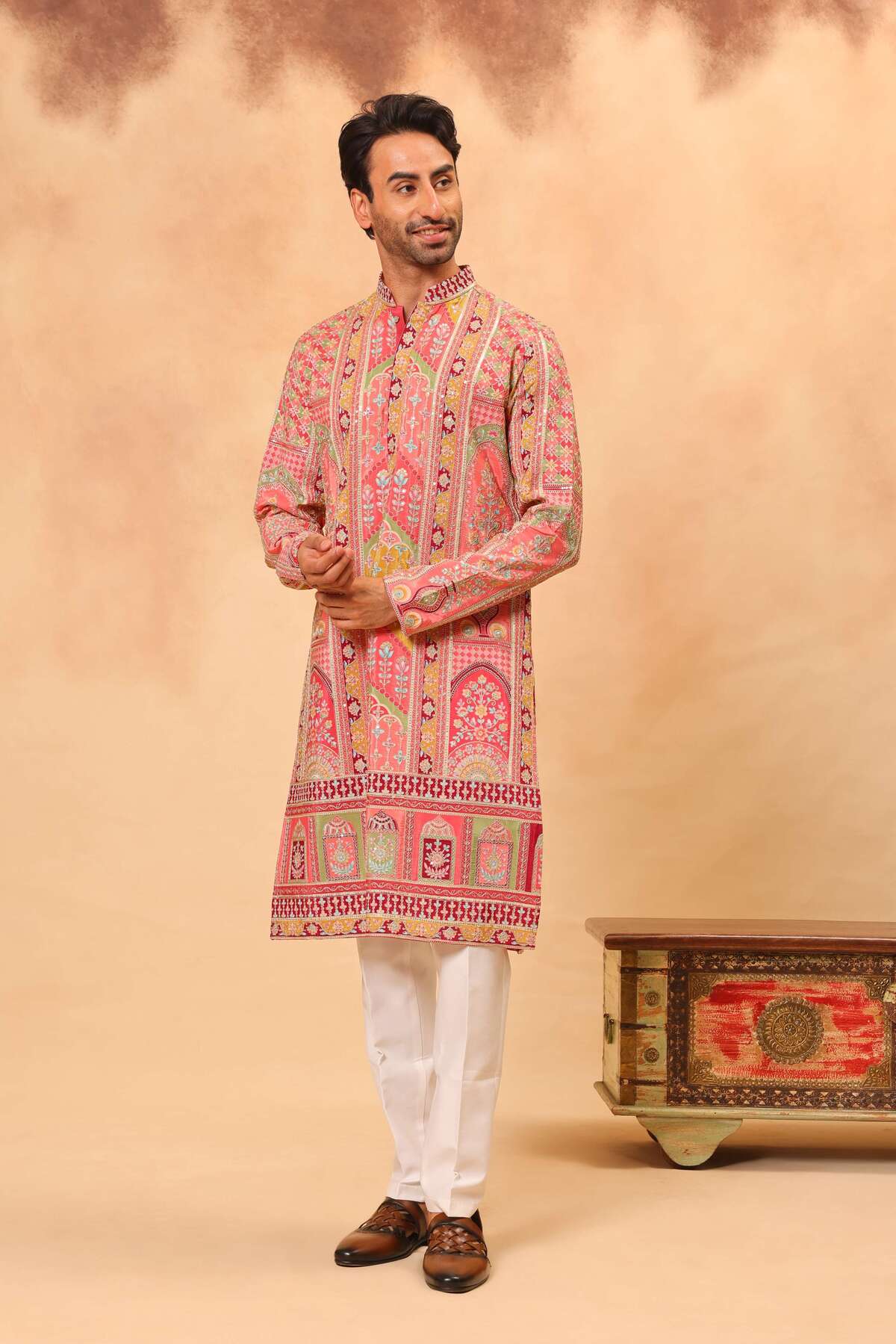 Red Chinon Embroidered Kurta Set for Men