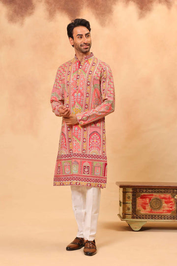 Red Chinon Embroidered Kurta Set for Men