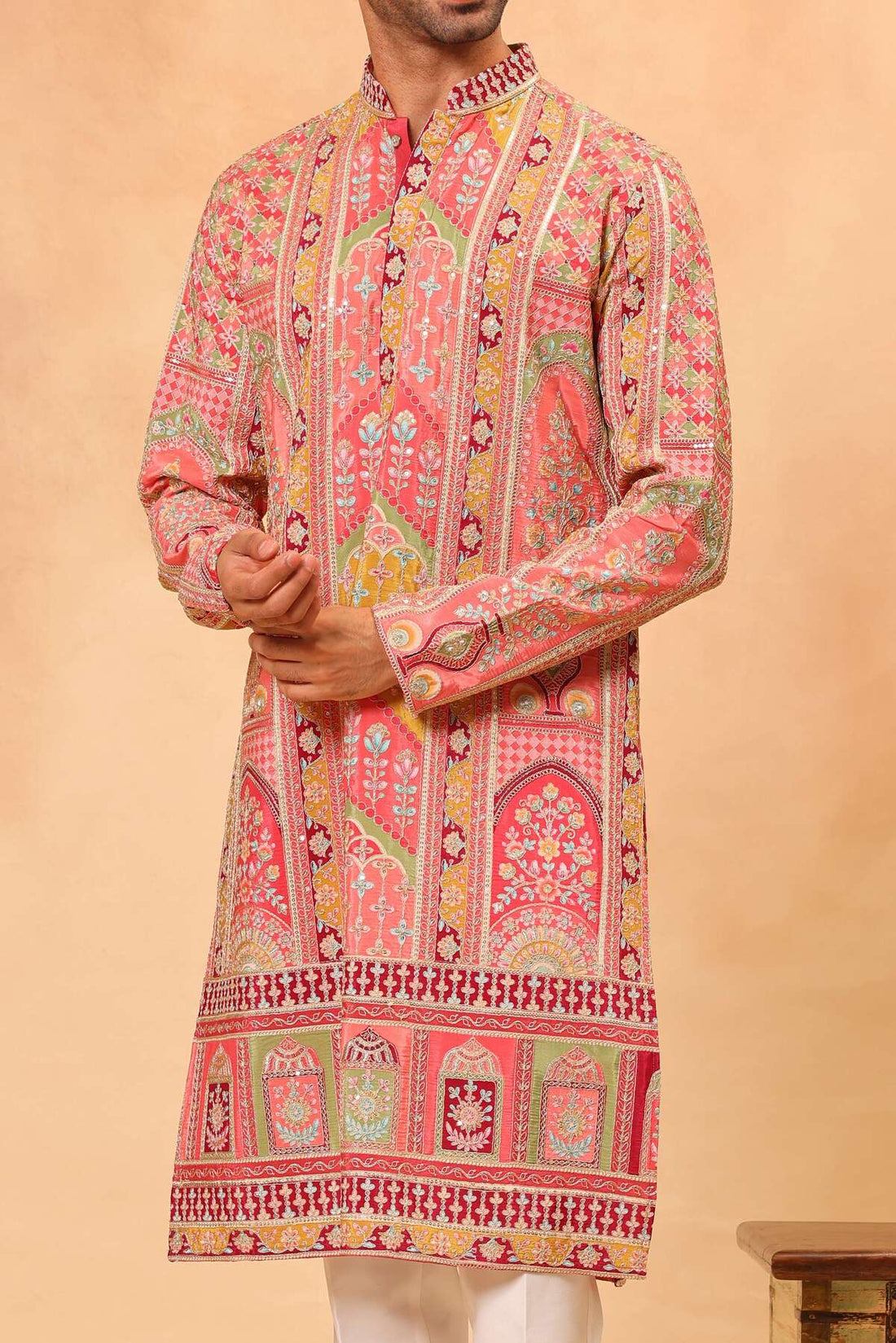 Red Chinon Embroidered Kurta Set for Men