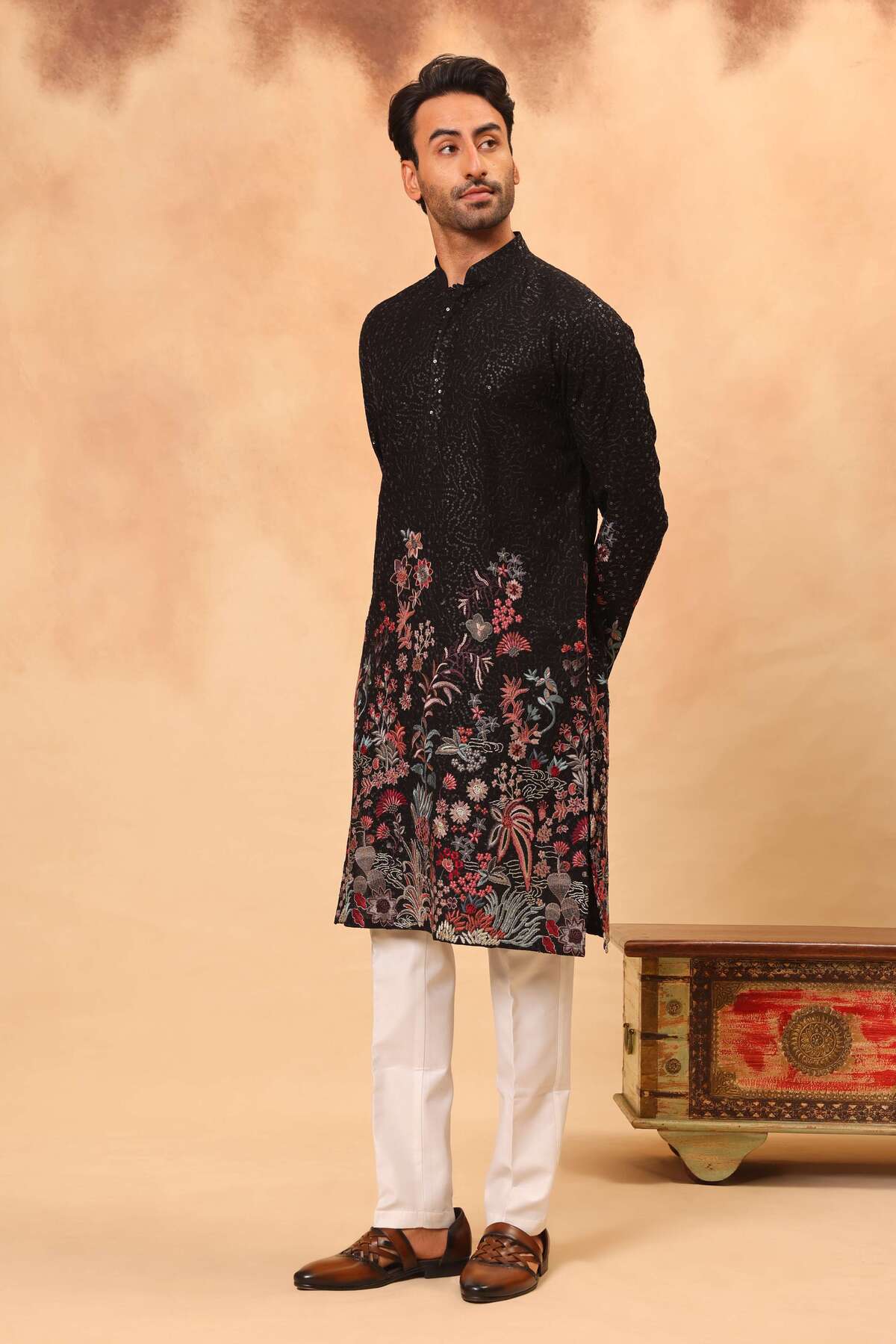 Black Georgette Embroidered Kurta Set for Men