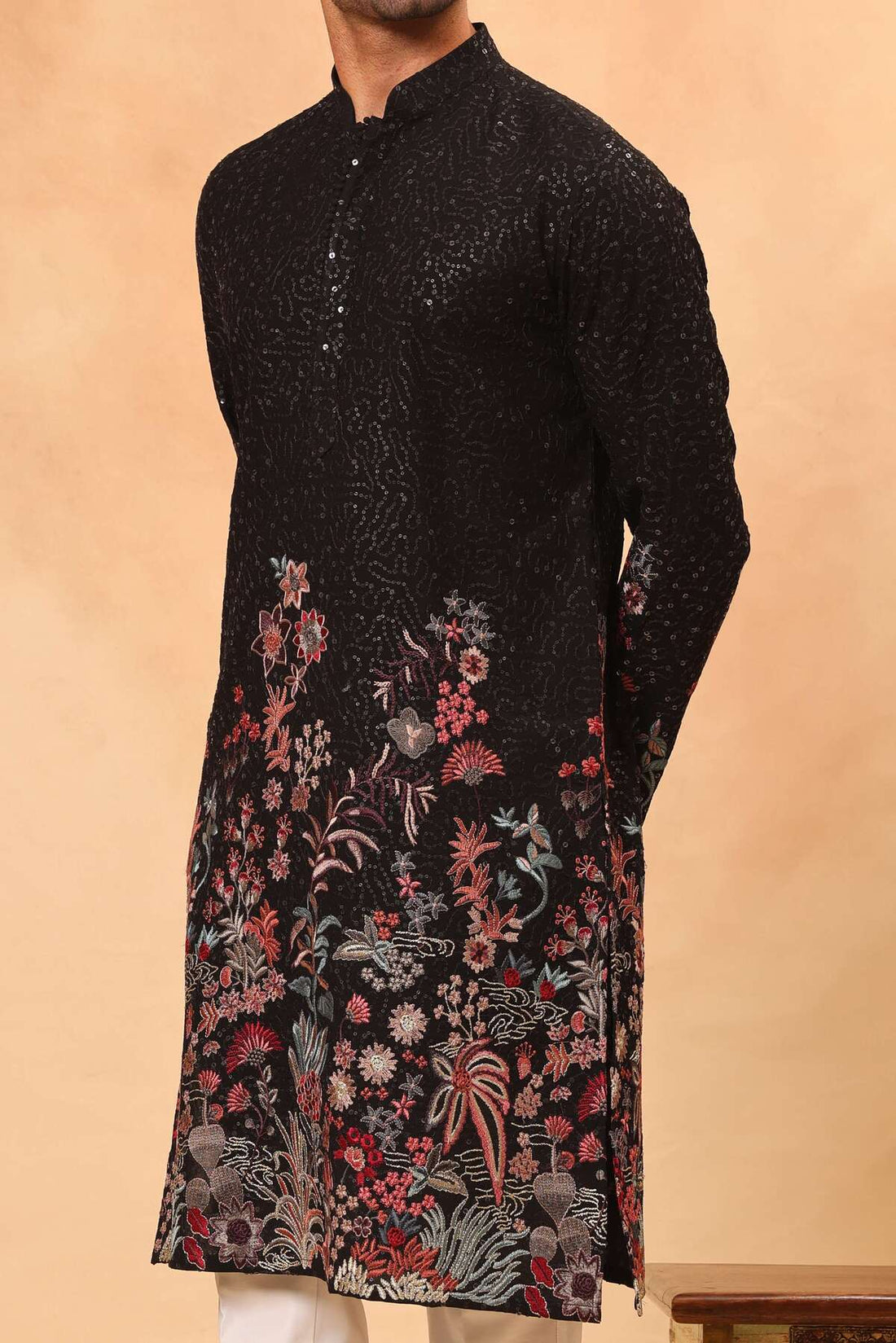 Black Georgette Embroidered Kurta Set for Men