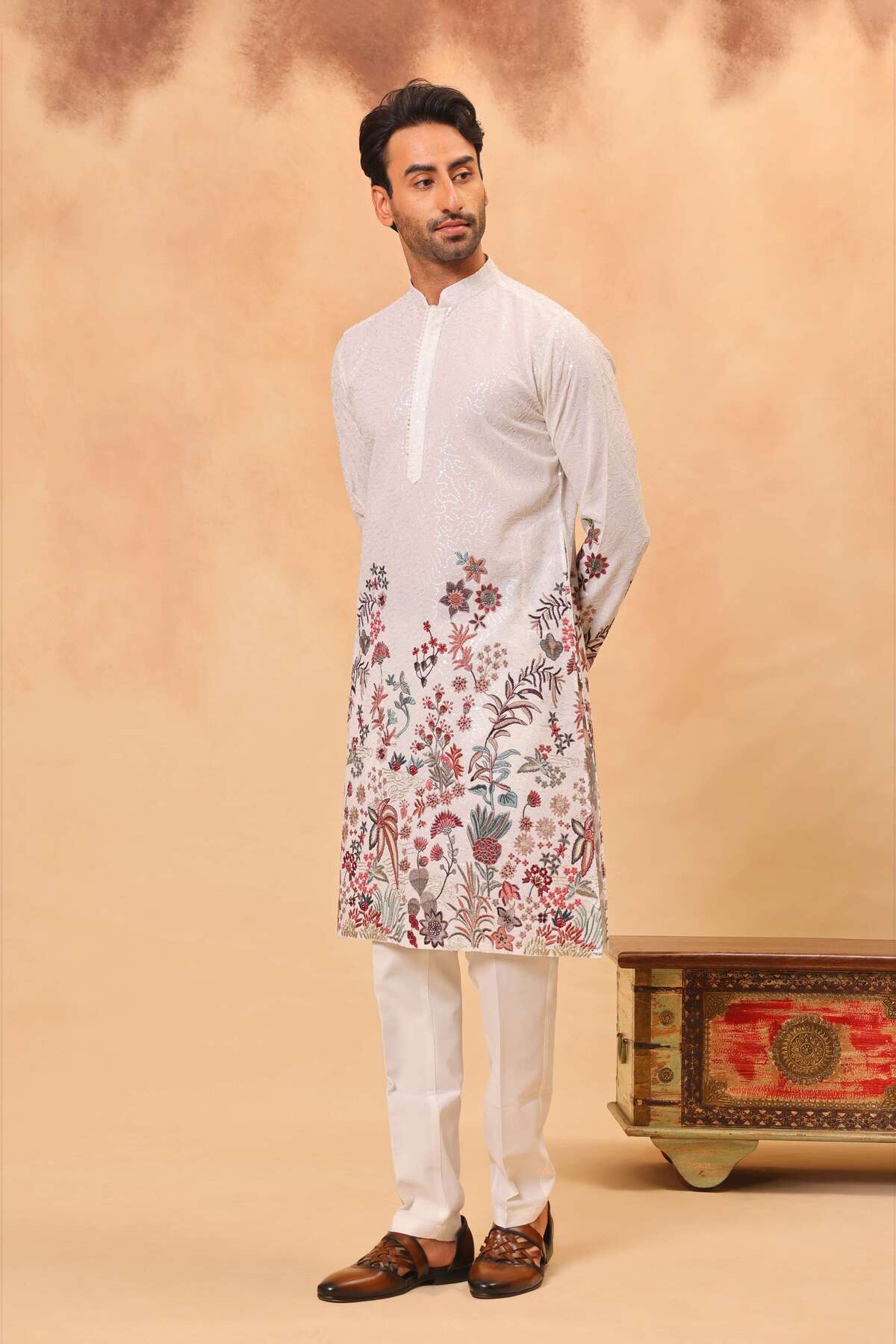 White Georgette Embroidered Kurta Set for Men