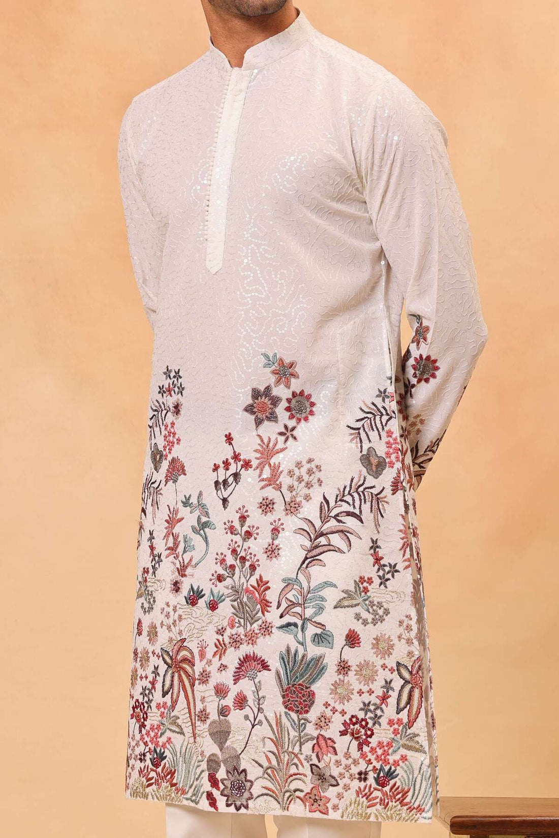 White Georgette Embroidered Kurta Set for Men