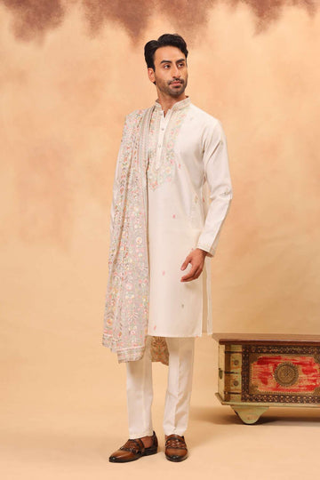 Cream Silk Embroidered Kurta Set with Dupatta for Men