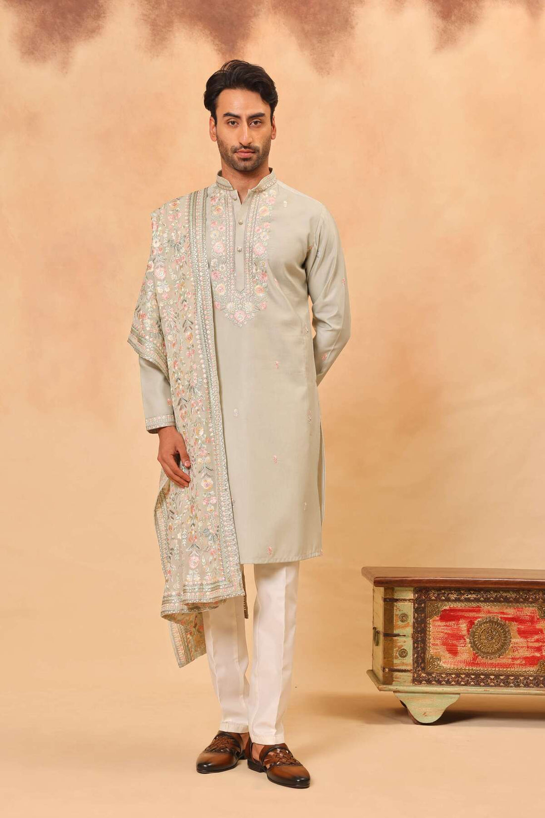 Mint Green Silk Embroidered Kurta Set with Dupatta for Men