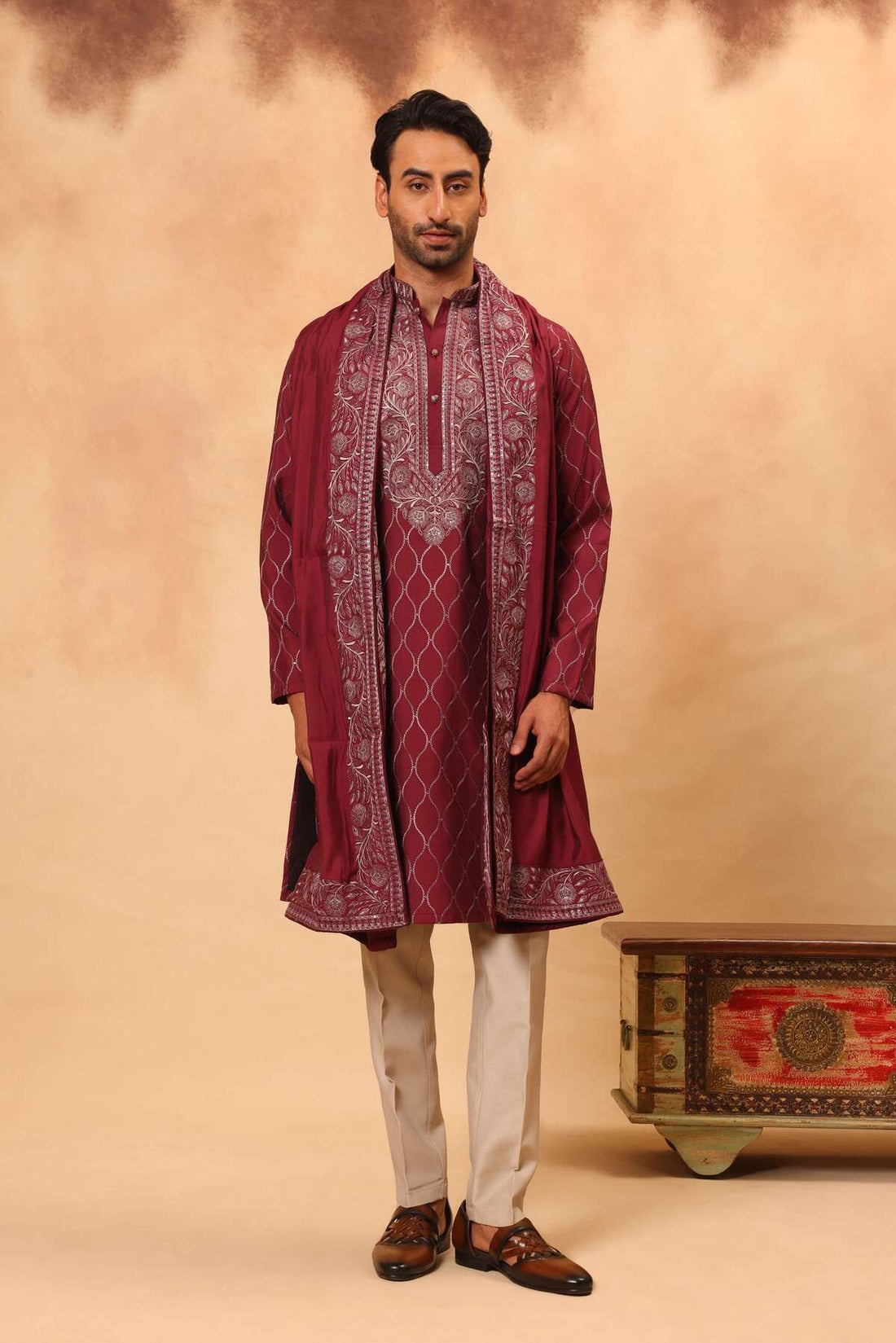 Dark Pink Silk Embroidered Kurta Set with Dupatta for Men