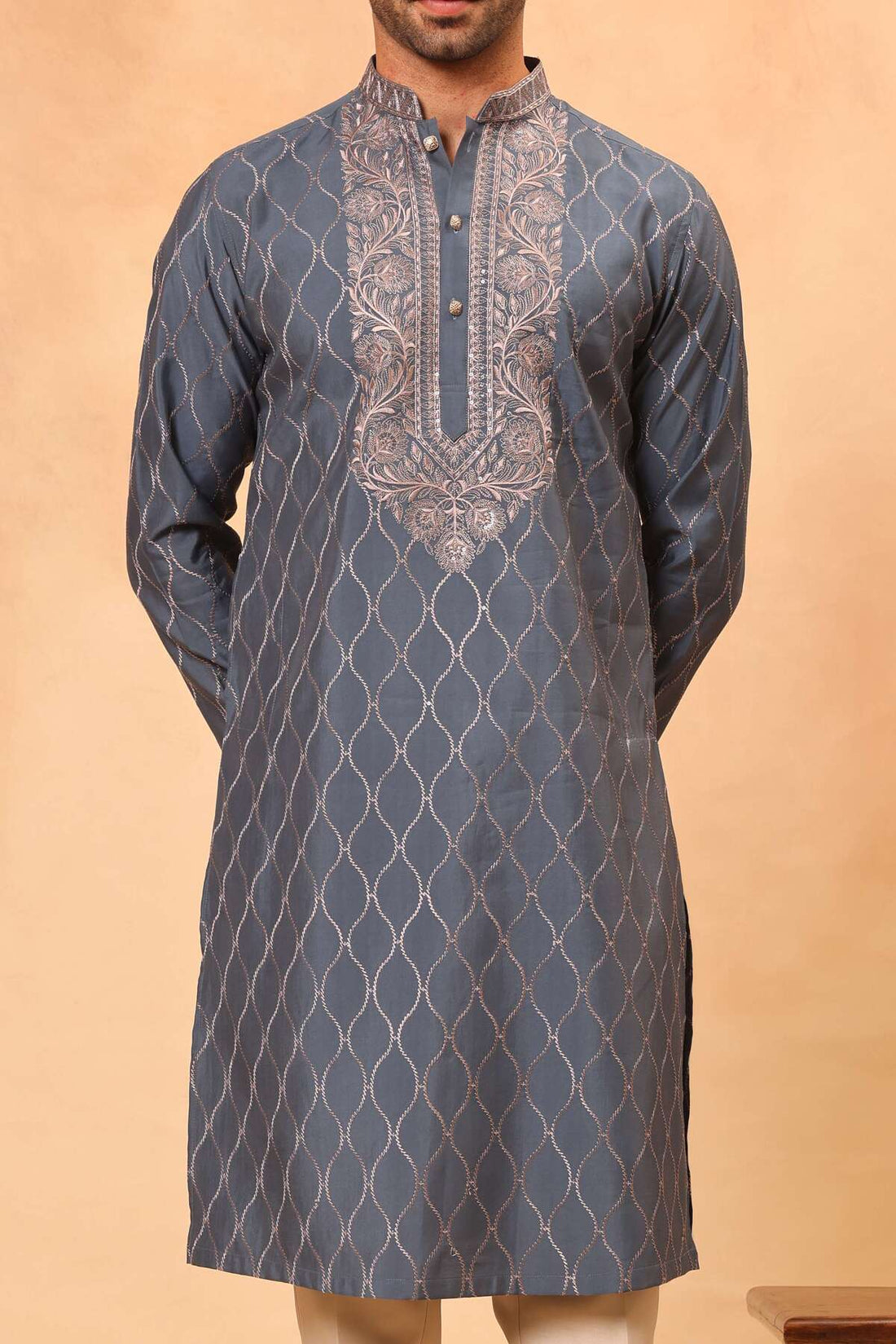 Greyish Blue Silk Embroidered Kurta Set with Dupatta for Men