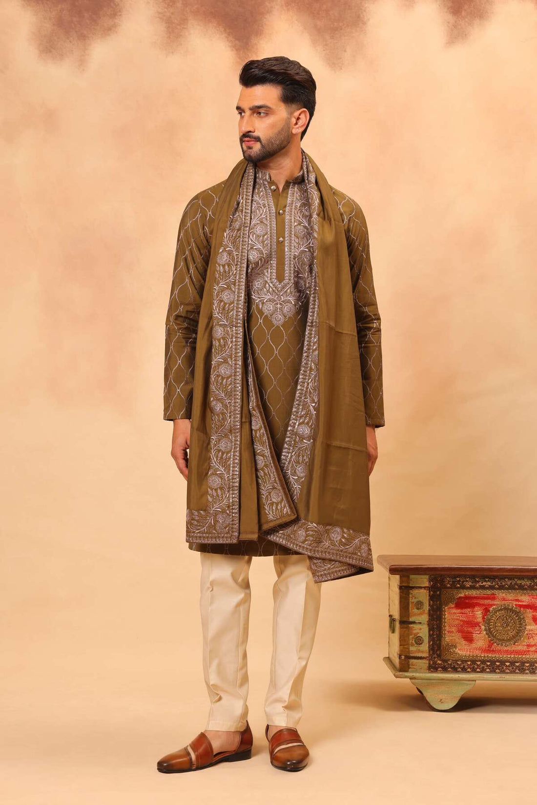 Mehandi Green Silk Embroidered Kurta Set with Dupatta for Men
