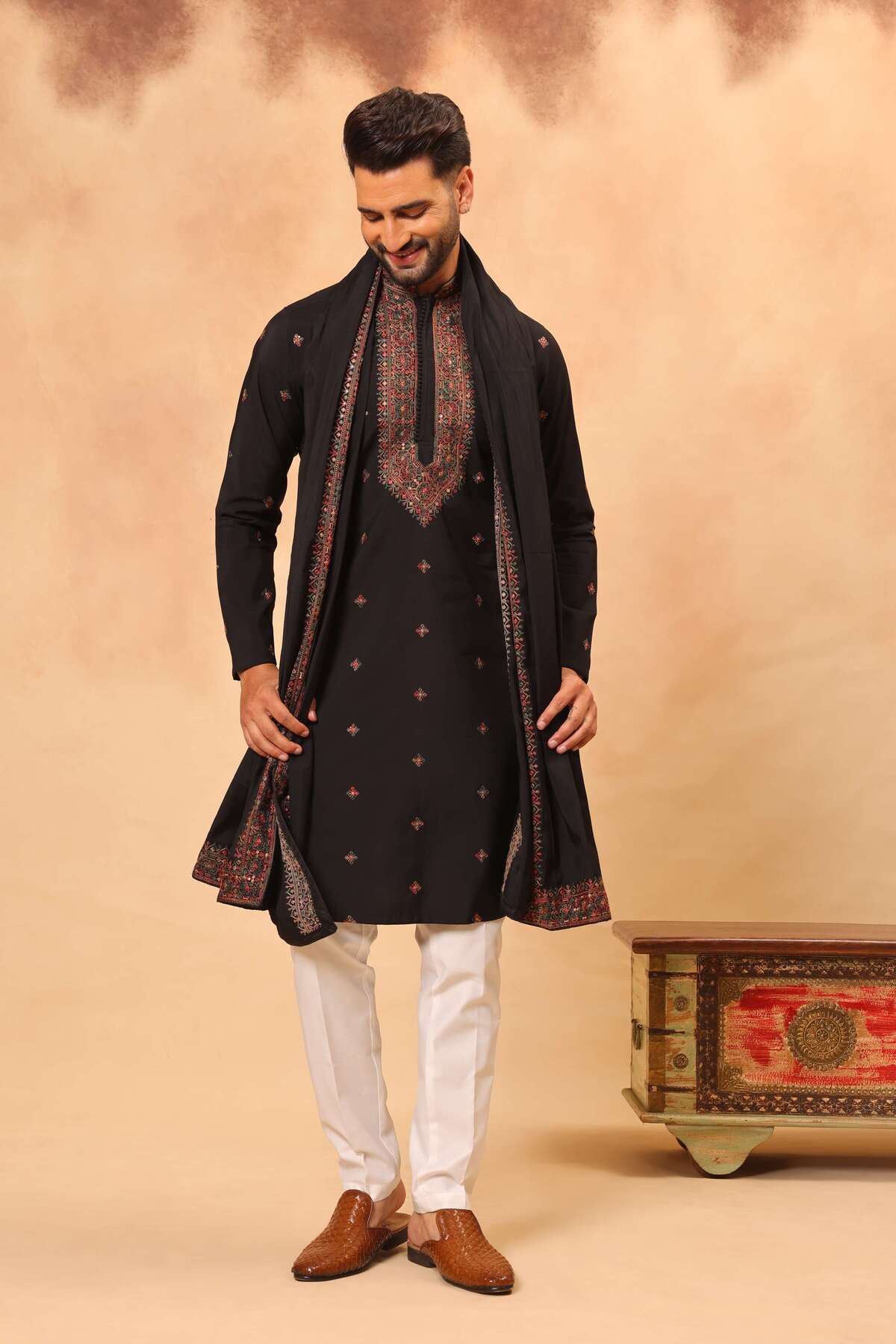 Black Silk Embroidered Kurta Set with Dupatta for Men