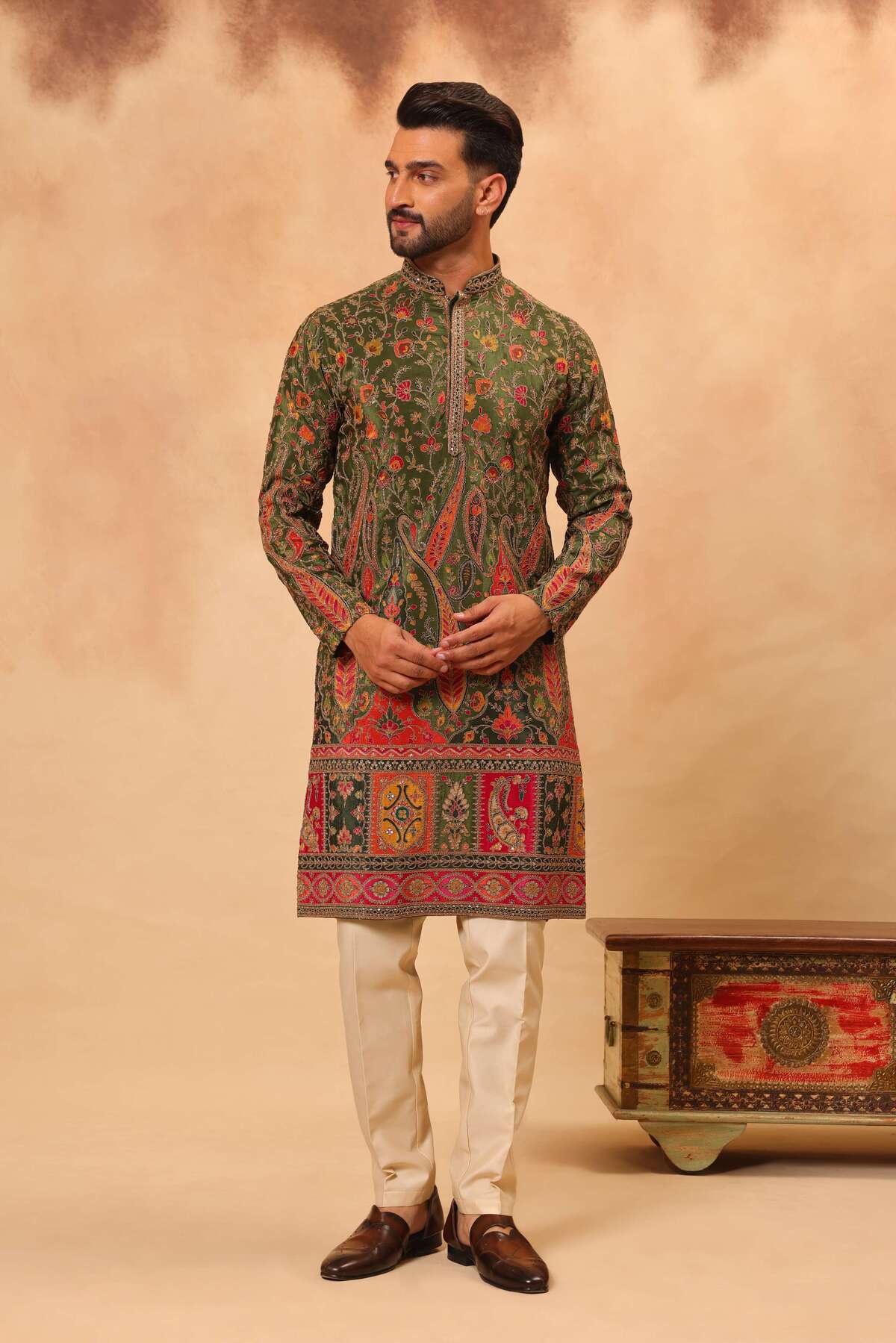 Mehandi Green Digital Printed Zari Embroidered Kurta Set for Men