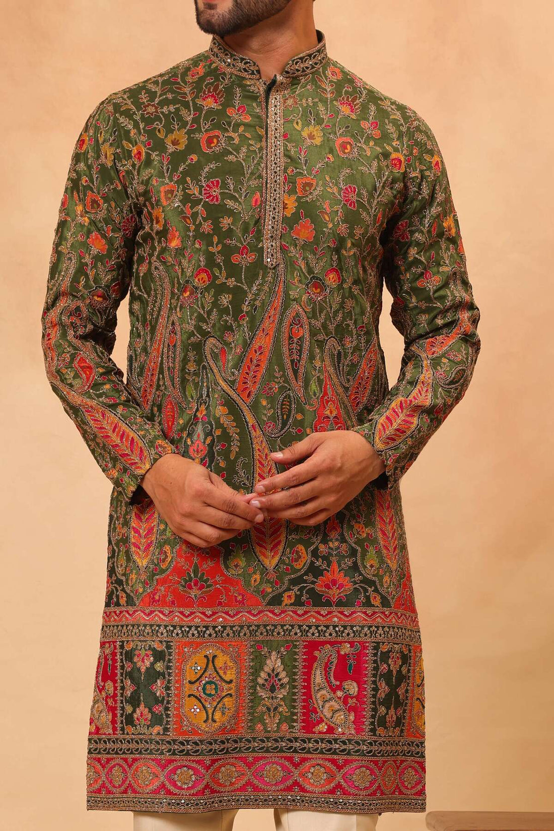 Mehandi Green Digital Printed Zari Embroidered Kurta Set for Men
