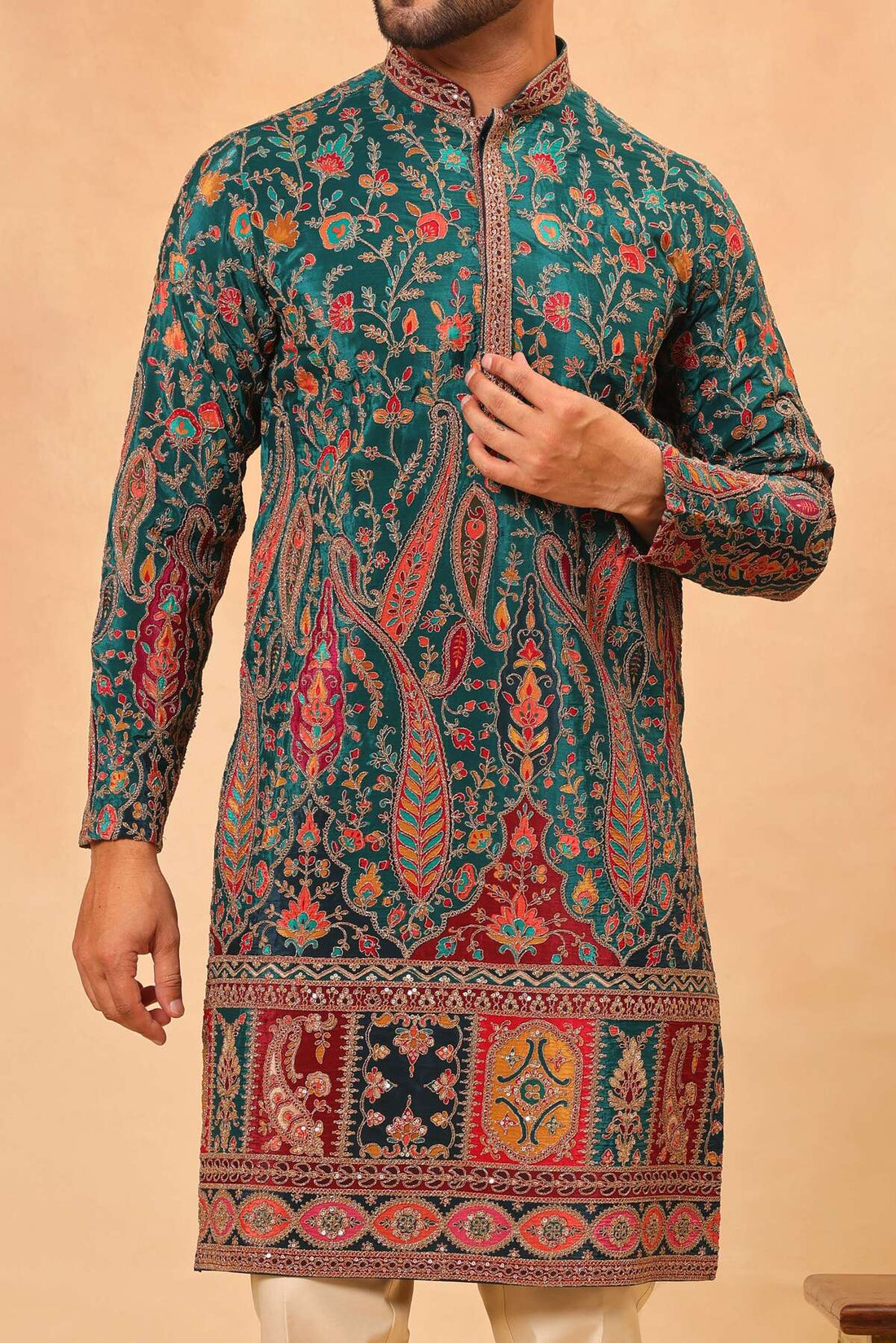 Rama Green Digital Printed Zari Embroidered Kurta Set for Men