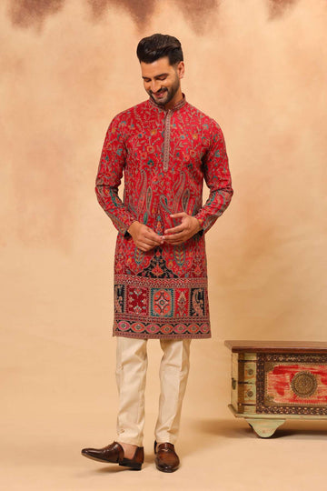 Red Digital Printed Zari Embroidered Kurta Set for Men