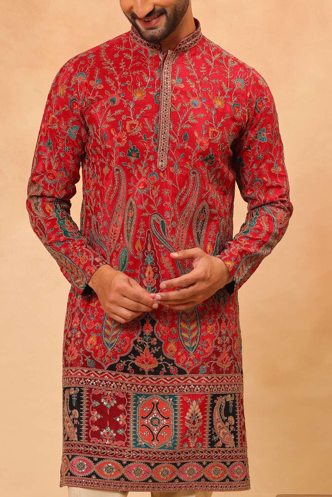 Red Digital Printed Zari Embroidered Kurta Set for Men