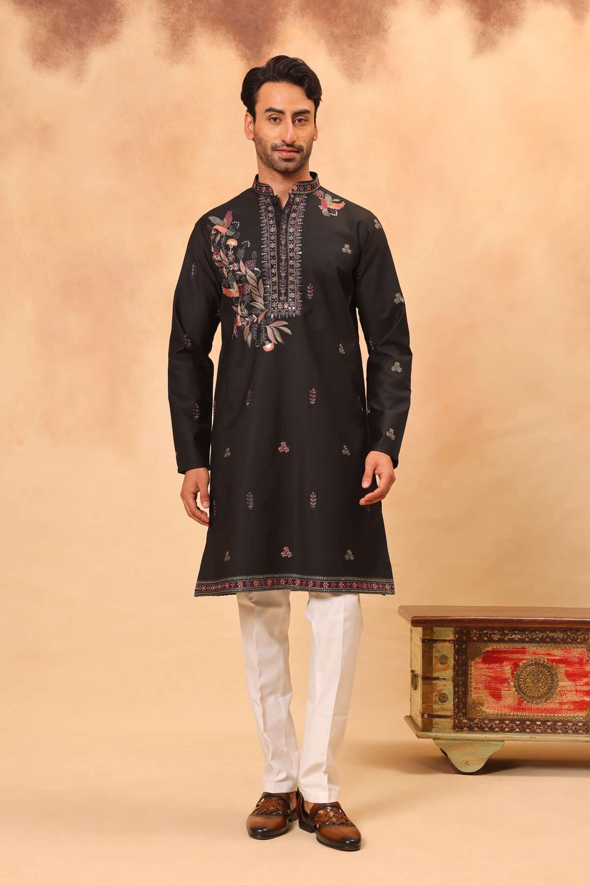 Black Placement Embroidered Kurta Set for Men