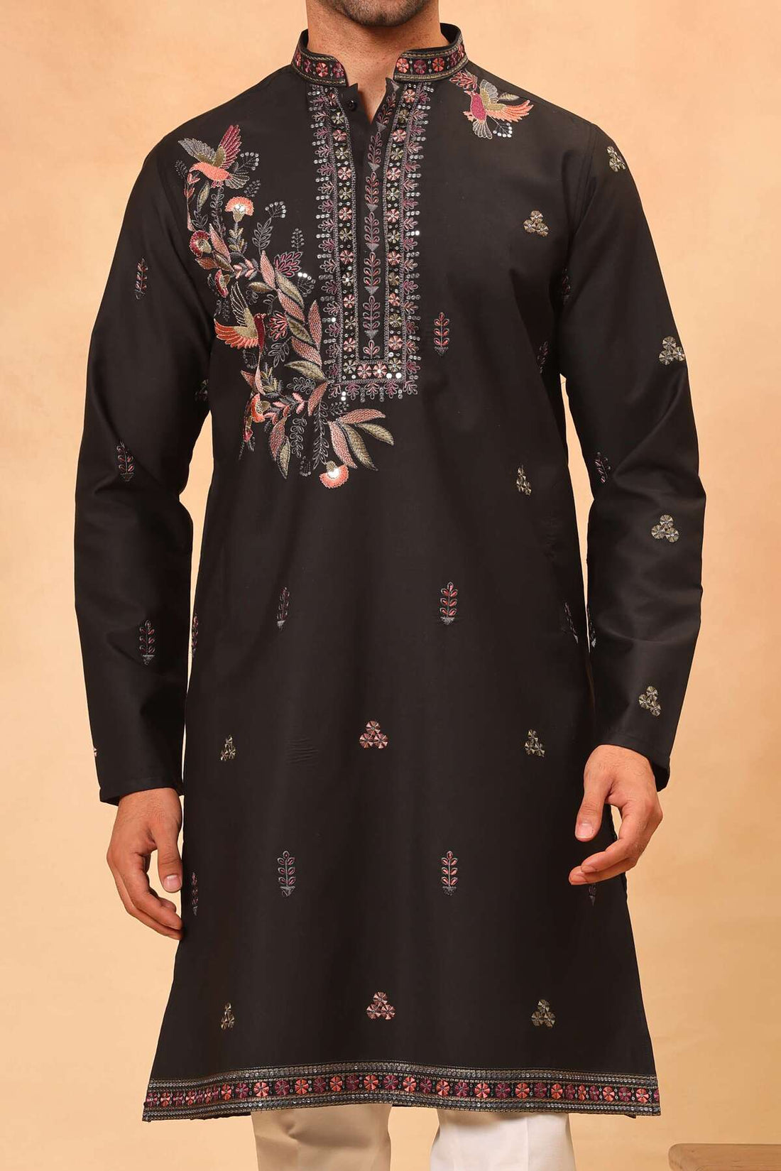 Black Placement Embroidered Kurta Set for Men