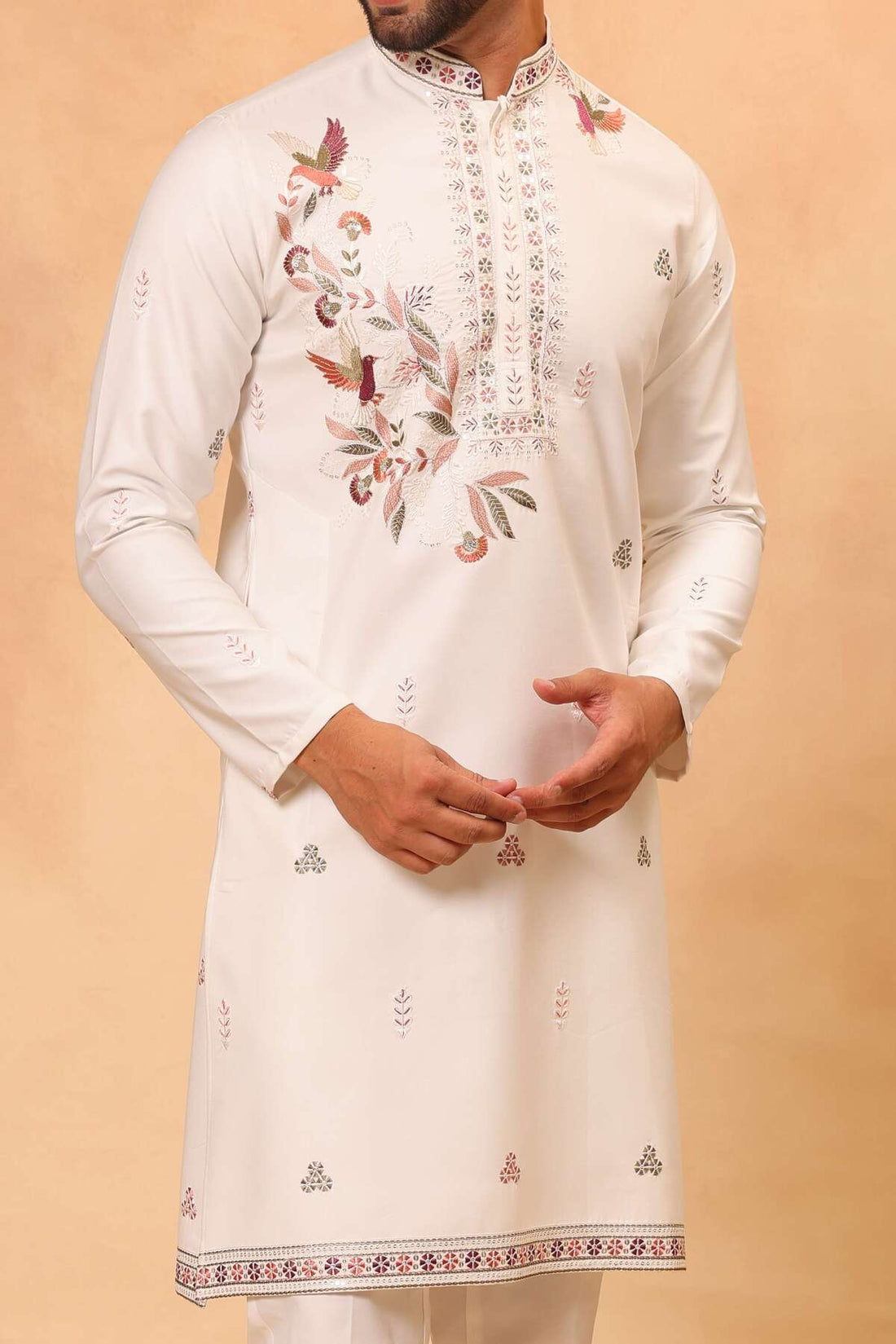 Cream Placement Embroidered Kurta Set for Men