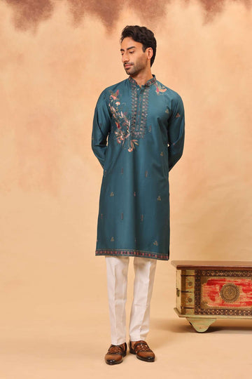 Rama Green Placement Embroidered Kurta Set for Men