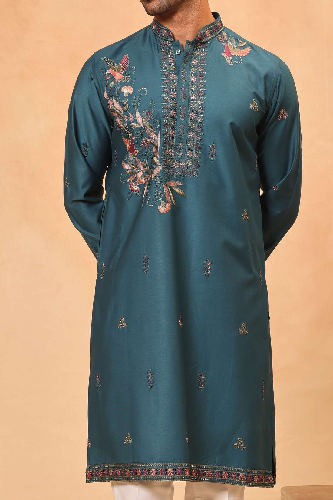 Rama Green Placement Embroidered Kurta Set for Men