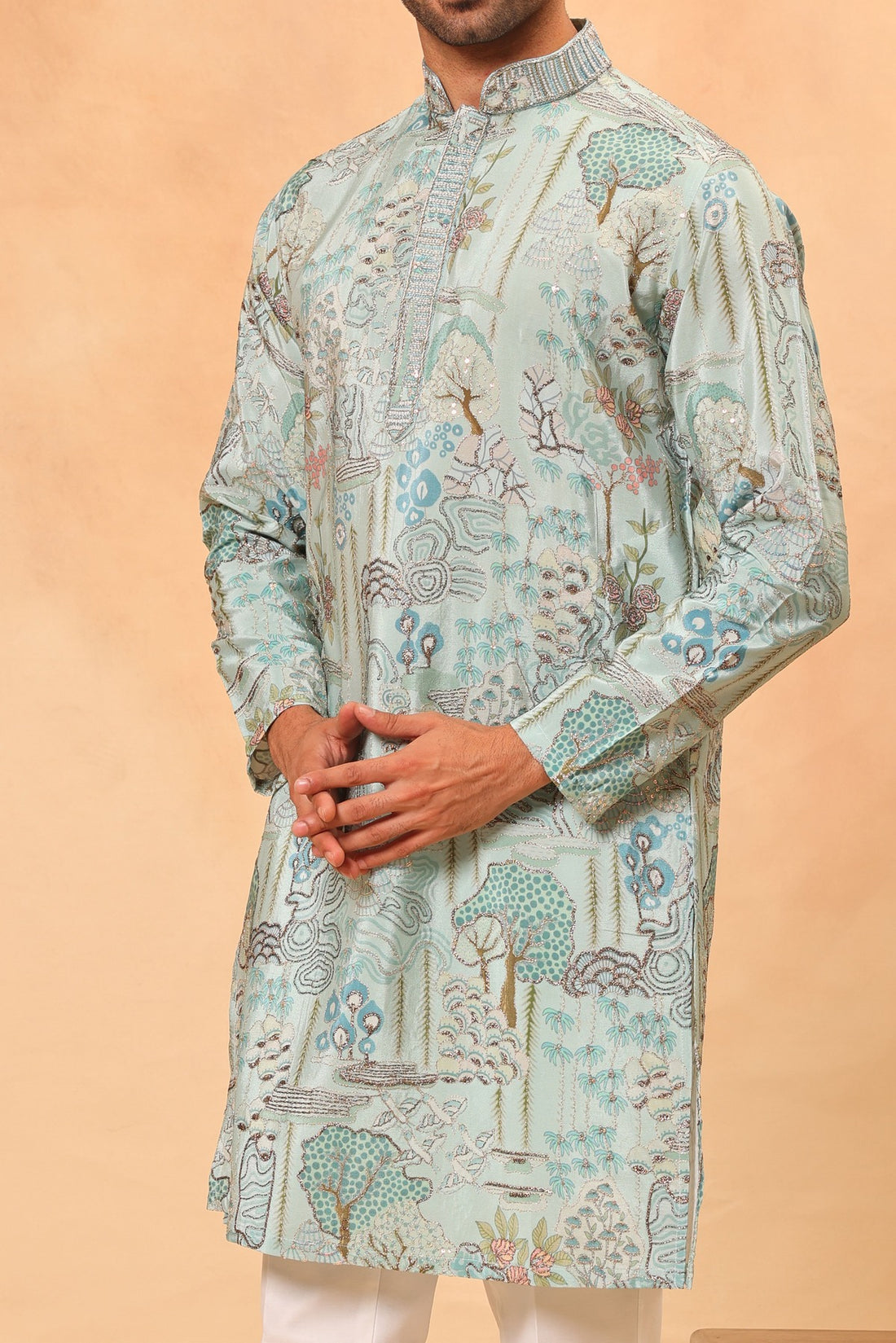 Powder Blue Digital Printed Zari Embroidered Kurta Set for Men
