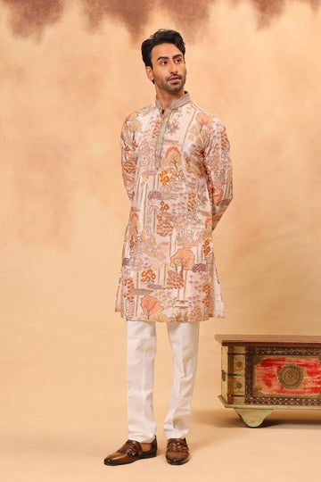 Orange Digital Printed Zari Embroidered Kurta Set for Men