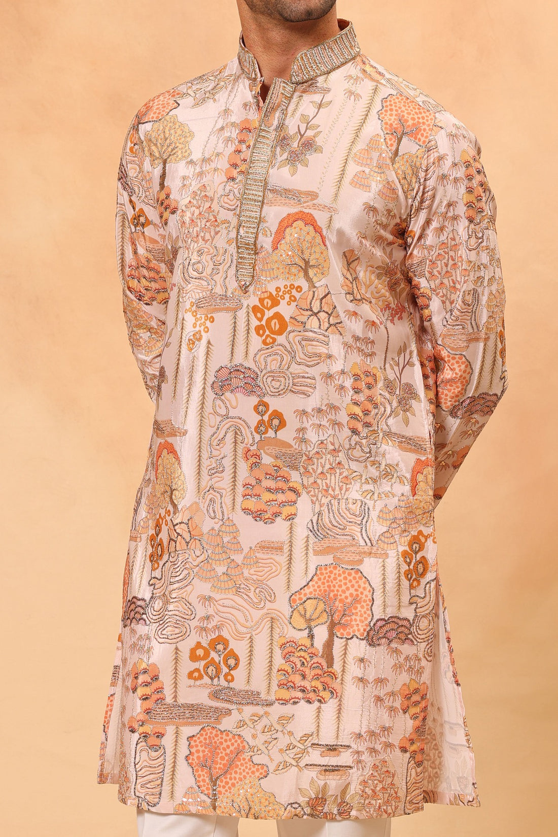 Orange Digital Printed Zari Embroidered Kurta Set for Men