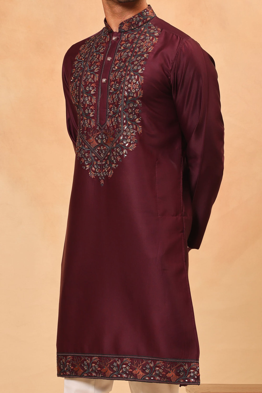 Wine Silk Embroidered Kurta Set with Dupatta for Men