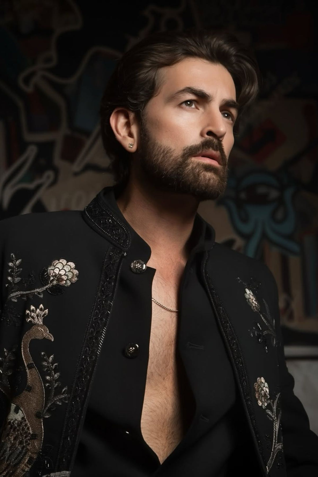 Black Placement Embroidered Front Open Sherwani with Cutdana Work Jacket Set