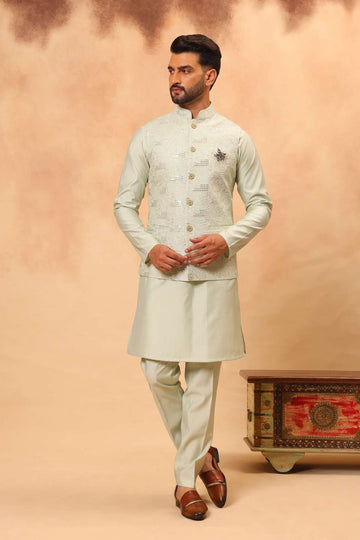 Pista Embroidered Koti Kurta Set for Men