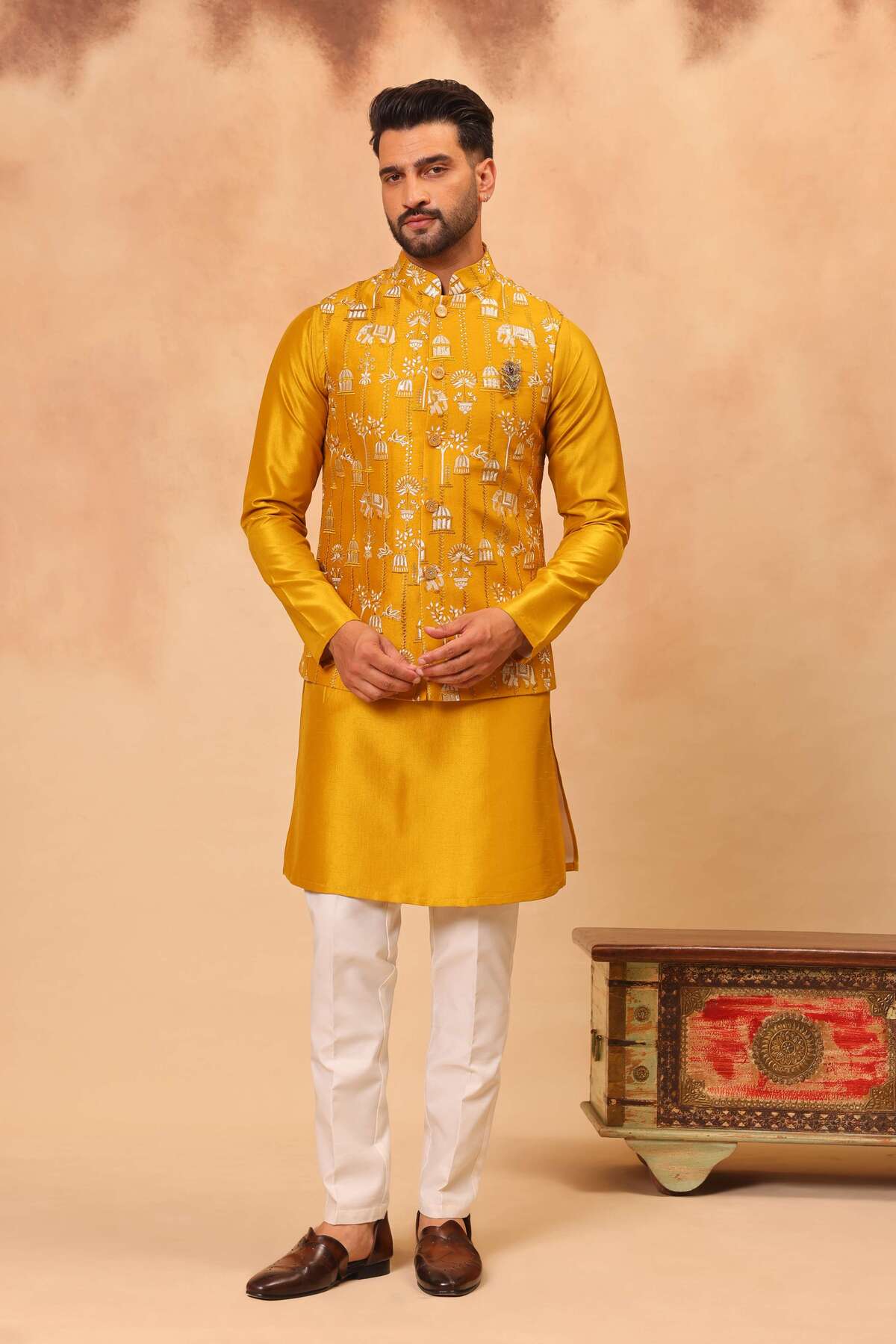 Haldi Silk Embroidered Koti Kurta Set for Men