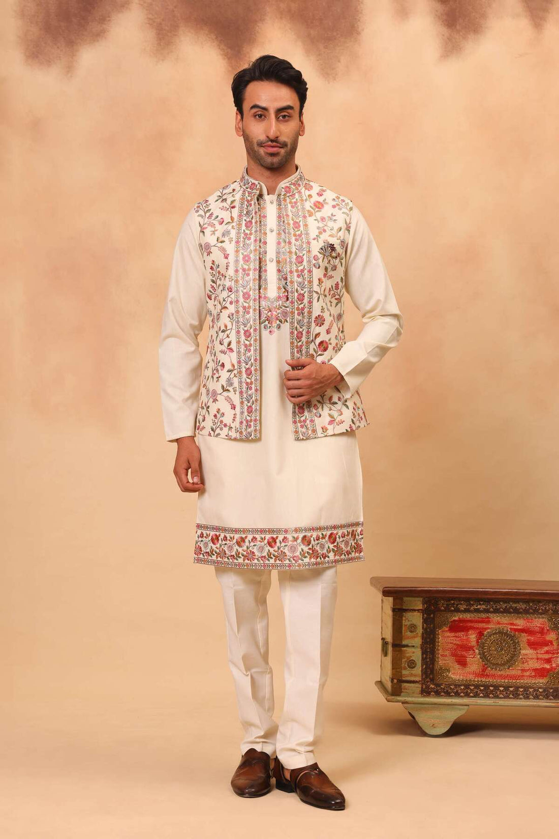 Fawn Multy Thread Embroidered Koti Kurta Set for Men