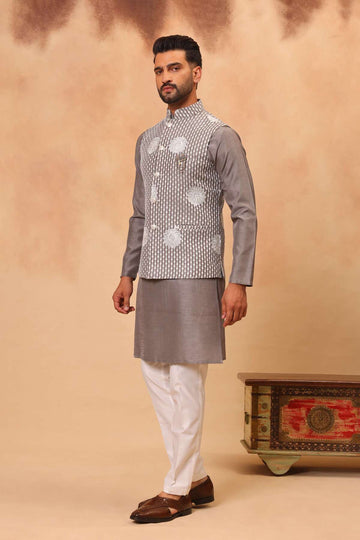 Grey Linen Silk Embroidered Koti Kurta Set for Men