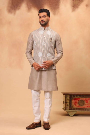 Khaki Mouse Linen Silk Embroidered Koti Kurta Set for Men