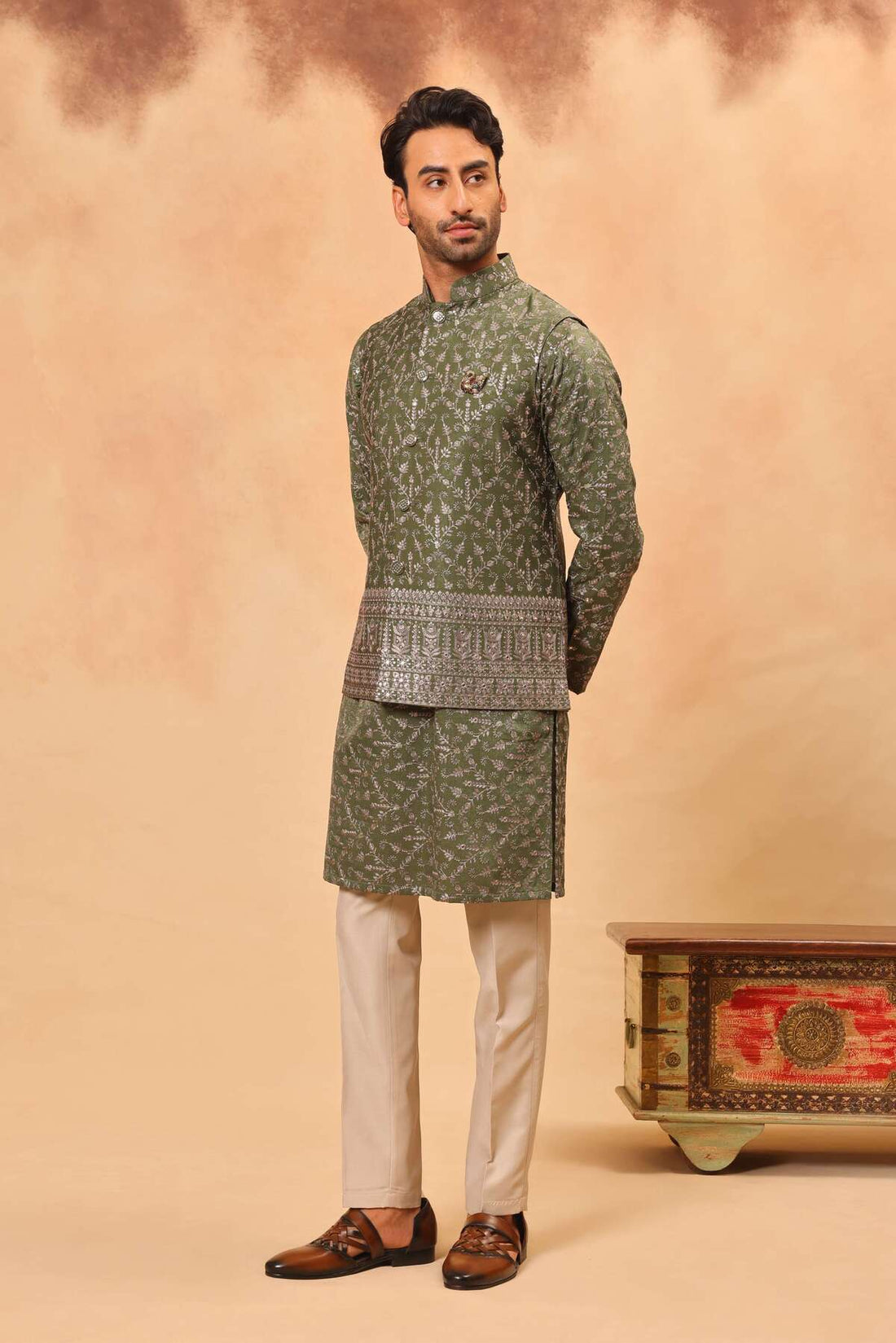 Green Satin Silk Embroidered Koti Kurta Set for Men