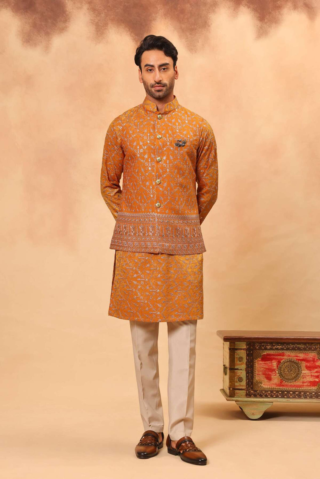 Haldi Satin Silk Embroidered Koti Kurta Set for Men