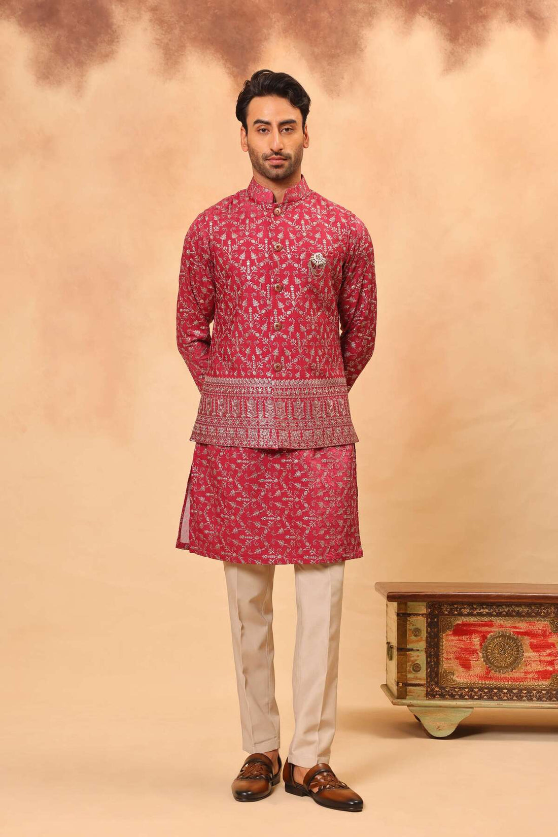 Mehroon Satin Silk Embroidered Koti Kurta Set for Men