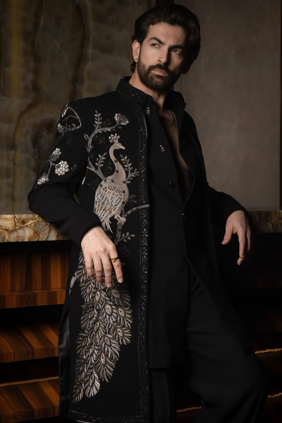 Black Placement Embroidered Front Open Sherwani with Cutdana Work Jacket Set