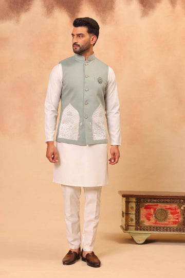 Mint Green Silk Embroidered Koti Kurta Set for Men