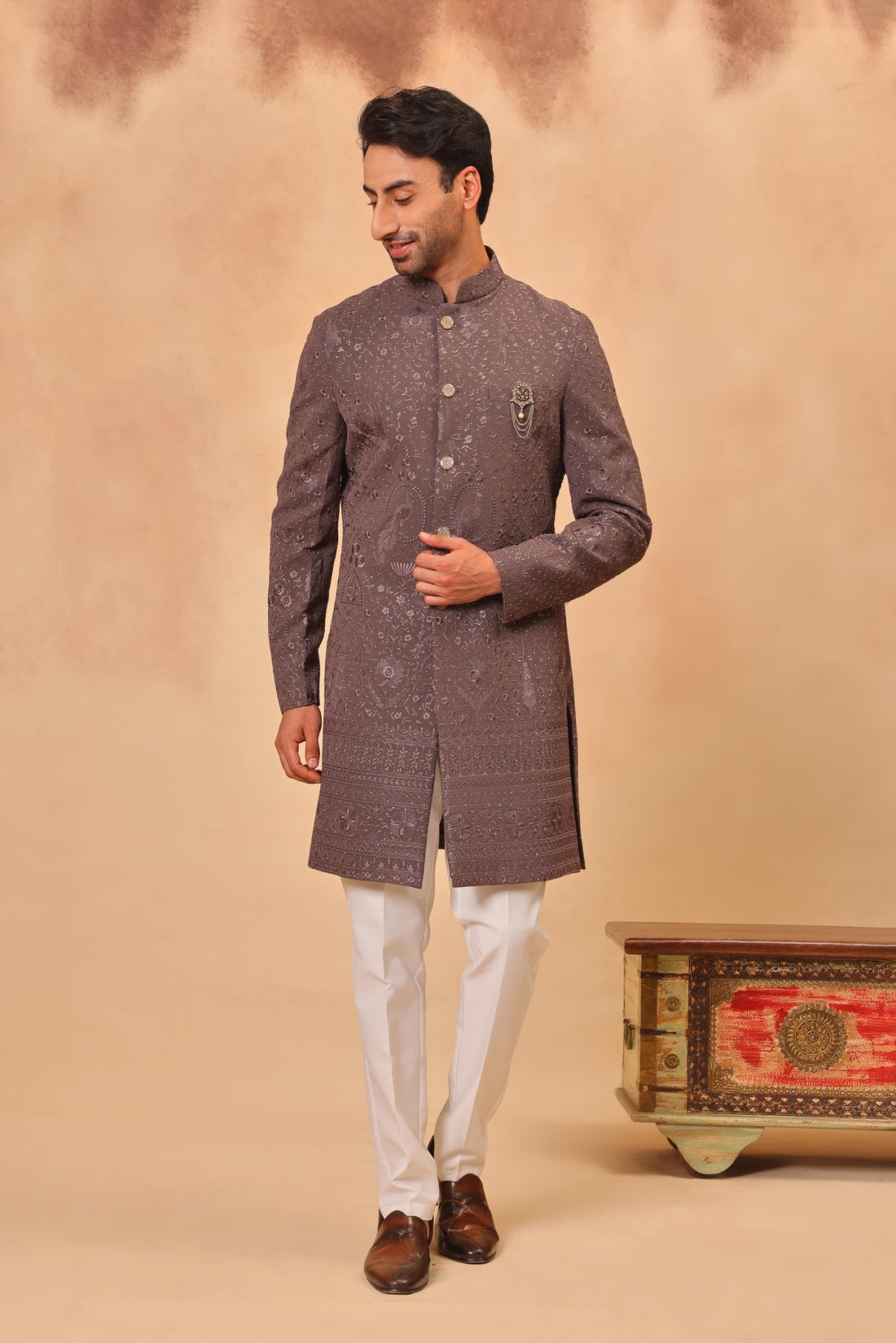 Mouse Faux Georgette Embroidered Sherwani Set with Dupatta