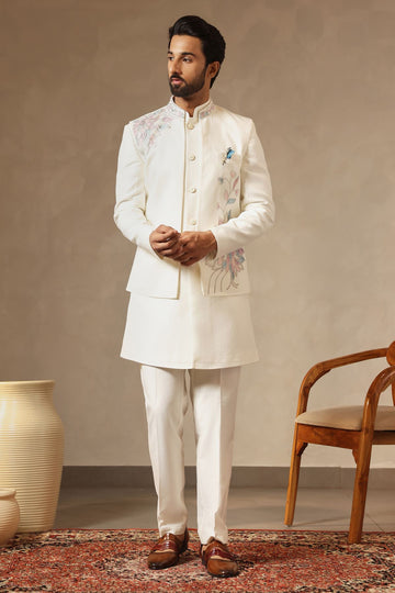 Ivory Floral Embroidered Nehru Jacket Set for Men