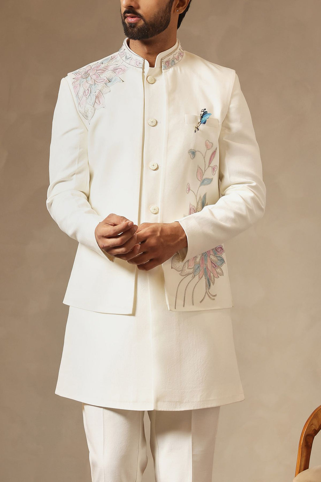 Ivory Floral Embroidered Nehru Jacket Set for Men