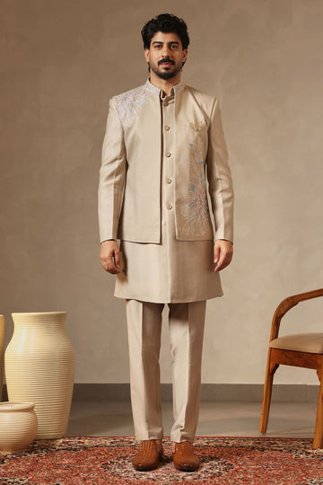 Fawn Floral Embroidered Nehru Jacket Set for Men