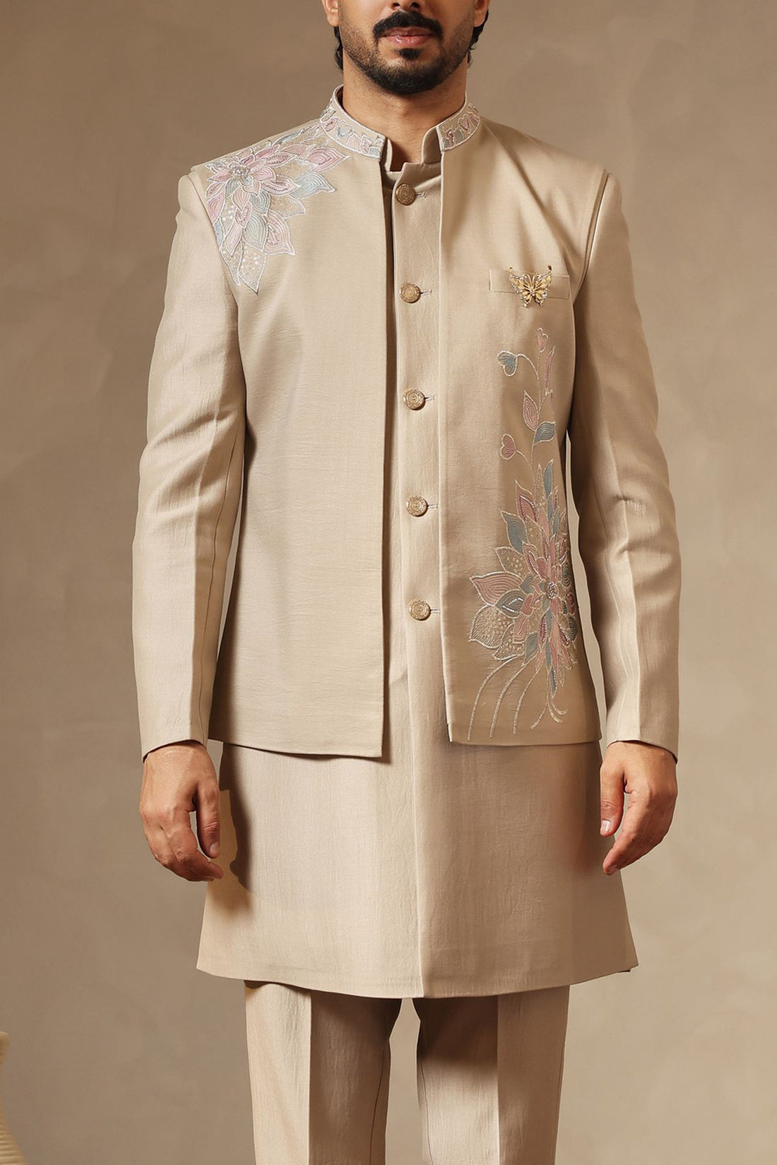 Fawn Floral Embroidered Nehru Jacket Set for Men