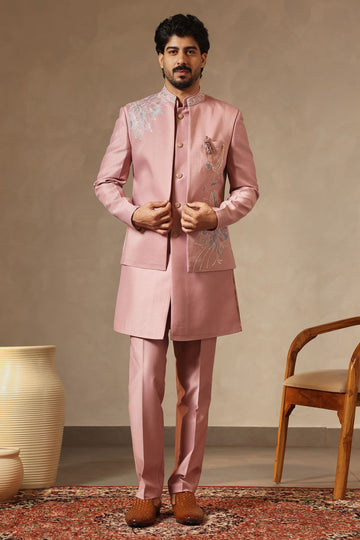 Pink Floral Embroidered Nehru Jacket Set for Men