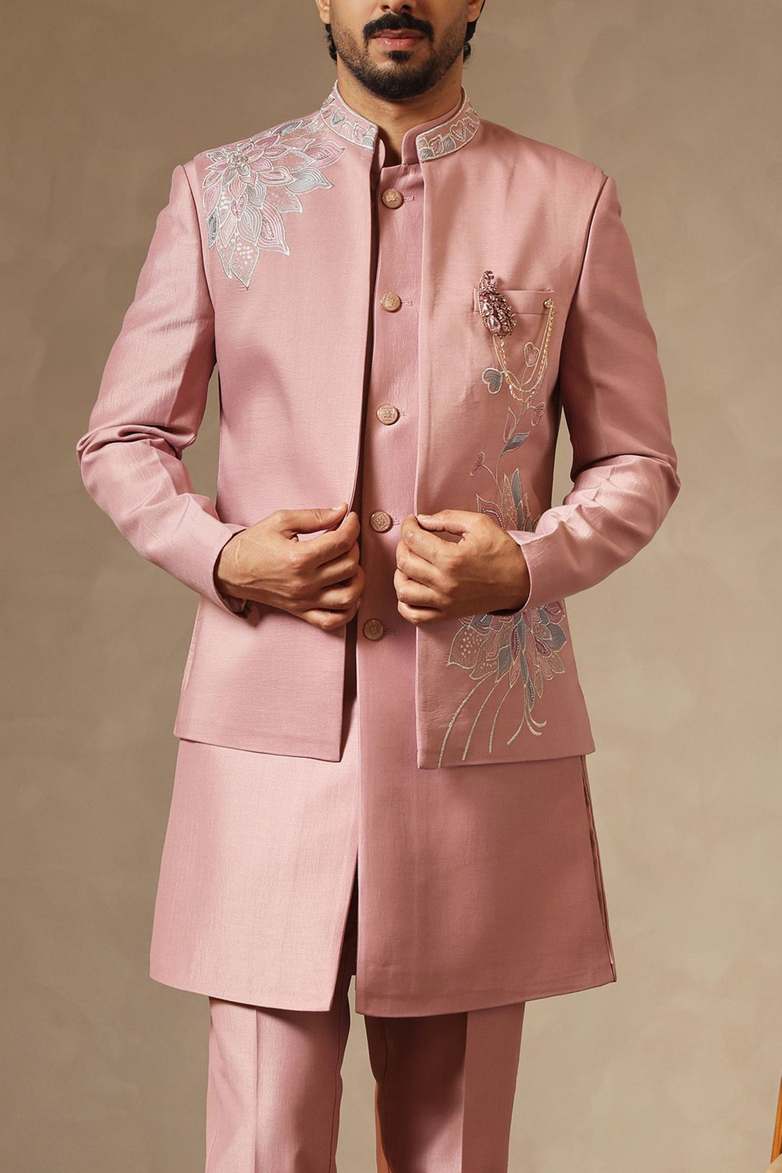 Pink Floral Embroidered Nehru Jacket Set for Men