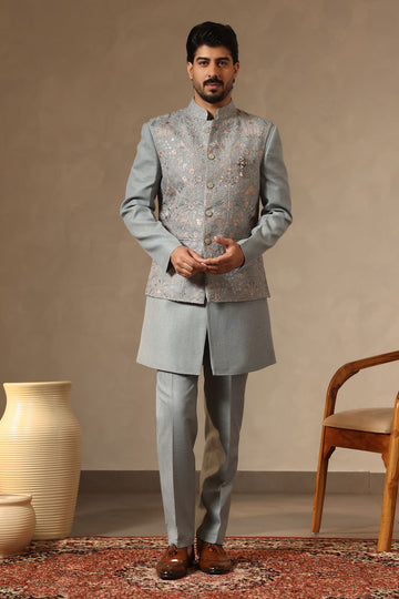 Aqua Linen Embroidered Nehru Jacket Set for Men
