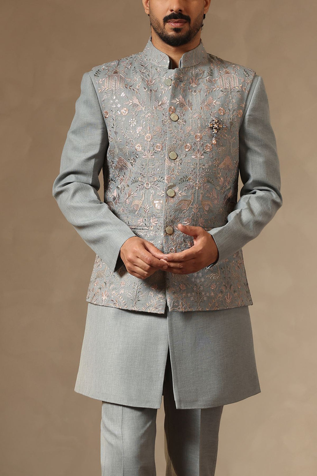 Aqua Linen Embroidered Nehru Jacket Set for Men